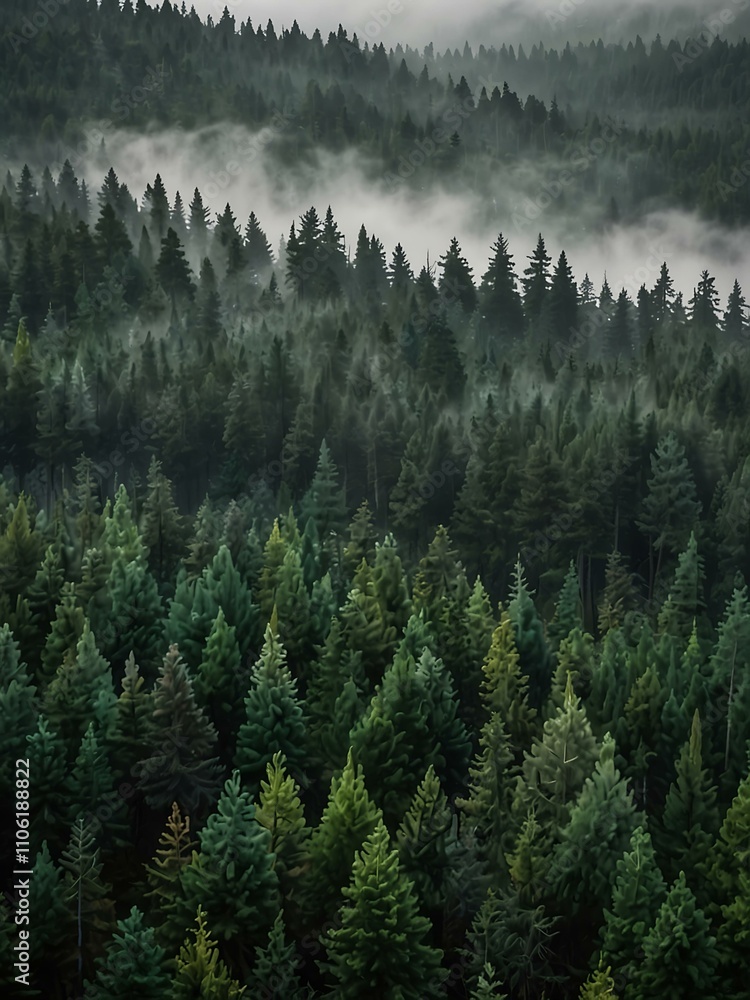 Fototapeta premium Green coniferous forest in fog.