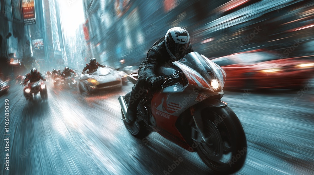 Obraz premium Futuristic motorcycle race through city streets showcasing speed and action in a dynamic urban environment, perfect for scifi concept art and highadrenaline storytelling.