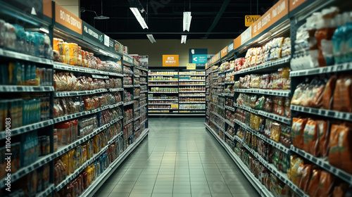 Interior view of a supermarket aisle with shelves stocked with various packaged goods and products under bright fluorescent lighting.