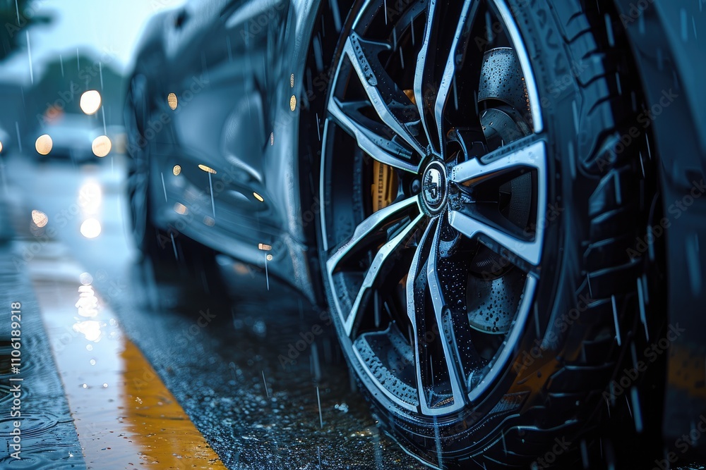 Close-up of a Wet Black Car Wheel in the Rain Close-up of a Wet Black Car Wheel in the Rain
