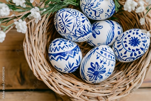 Hand-painted Czech eggs with folkloric patterns in a wicker basket
