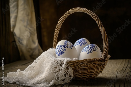 Intricate Czech hand-painted eggs in a wicker basket on a wooden table