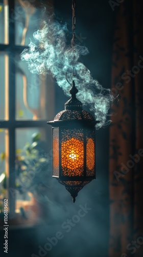 Decorative lantern illuminates a room with swirling smoke at dusk