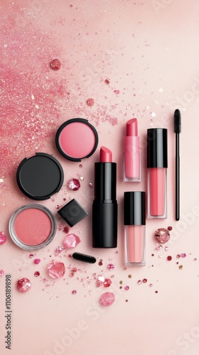 Makeup products arranged artistically with sparkling gems on a soft pink back...