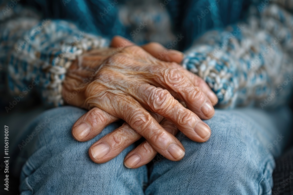 Fototapeta premium Close-up of Wrinkled Hands Resting on Blue Jeans