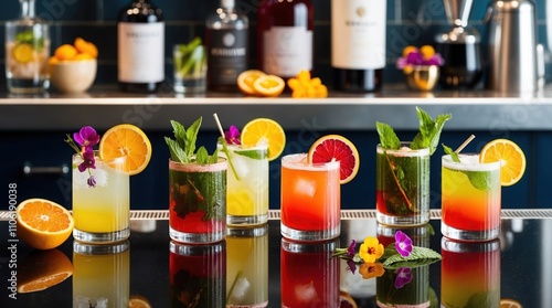 Colorful cocktails with garnishes on bar counter photo