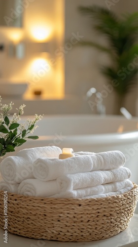 Soft white towels neatly arranged in a woven basket beside a luxurious bathtub