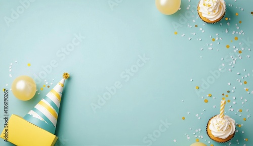 Colorful party decorations with cupcakes and confetti on display for a cheerf...