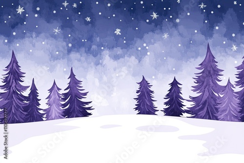 Winter landscape with deep blue night sky and lavender snow under pale gray trees