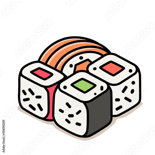 set of sushi rolls with salmon and rice in linear style. vector illustration isolated on white background