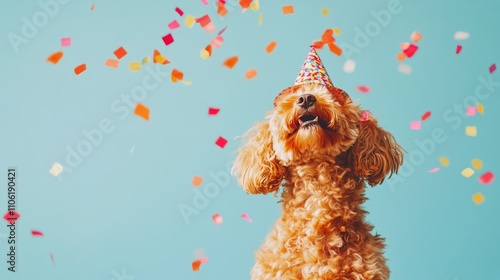 Happy dog celebrates birthday with colorful confetti and festive party hat in...