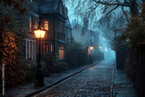 Victorian London: Moody Evening with Gas-lights, Fog, and Cobble-stone Streets