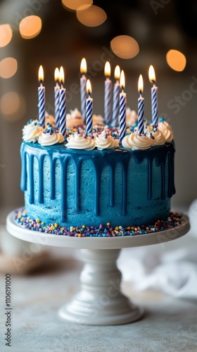 Delicious blue birthday cake with lit candles and colorful sprinkles during a...