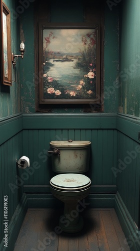 Elegant restroom with ornate mirror and rich green wall paneling in a cozy se...