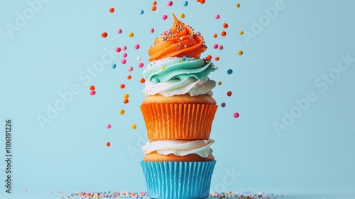 Colorful stack of cupcakes with sprinkles against a blue background