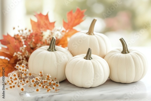 White pumpkins and autumn leaves arranged on countertop for seasonal decor