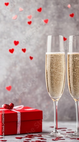 Celebration with champagne and gift box surrounded by heart decorations for s...