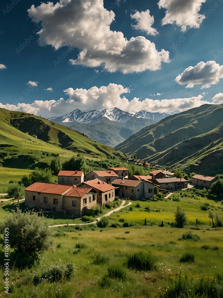 Obraz premium Green hills and peaceful Armenian village beneath a bright blue sky with fluffy clouds.