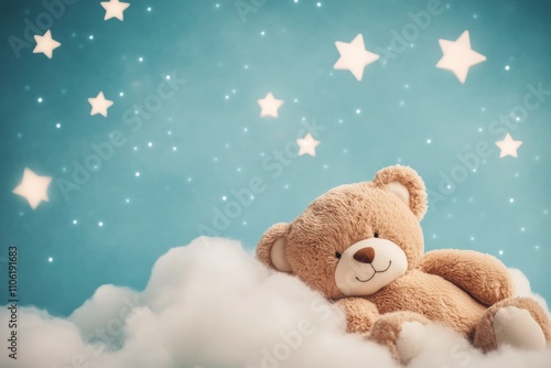 Cute bear sitting on soft clouds with starry background during calm night
