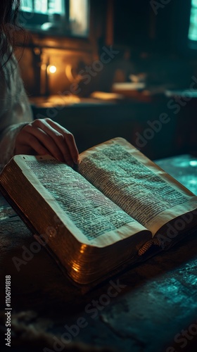 Quiet evening of reading by candlelight in a cozy room with an old book