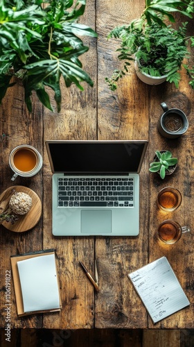 Workspace with laptop, coffee, and plants on wooden table in natural light