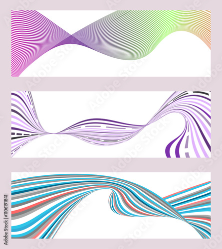 Wavy lines or ribbons. Set of 3 backgrounds. Multicolored striped gradient. Creative unusual background with abstract gradient wave lines to create a trendy banner, poster. vector eps