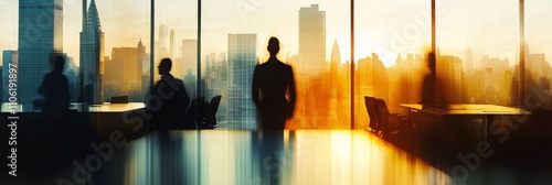 Business professionals collaborating during sunset in a modern office setting