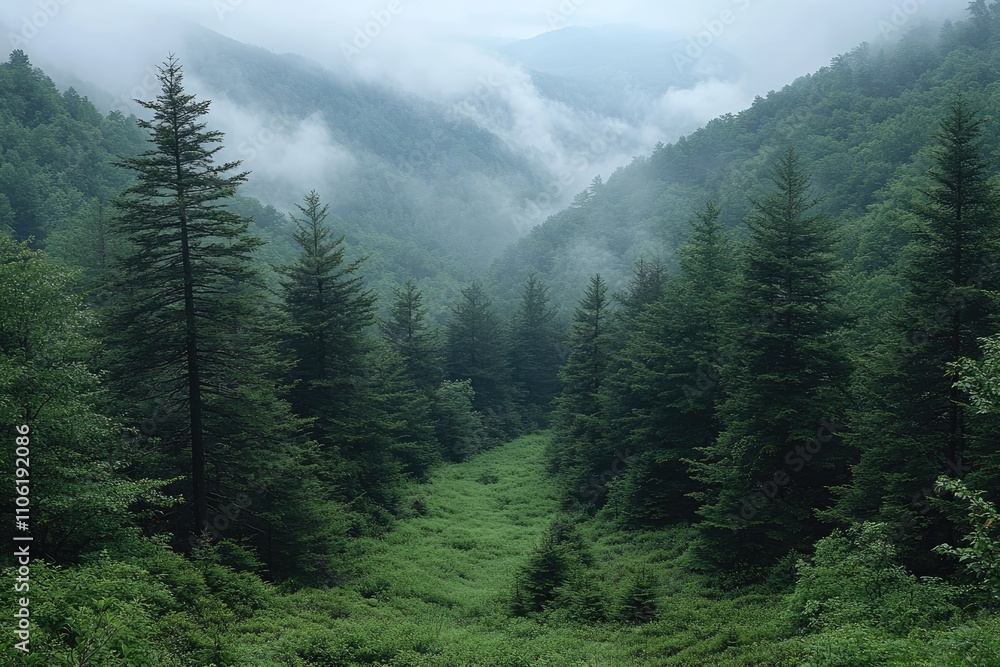 Fototapeta premium Misty Forest Valley with Tall Pine Trees