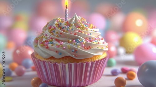 Colorful cupcake with a candle on a festive background celebrating a joyous o...