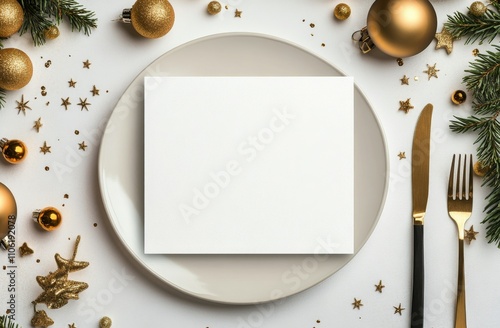 Holiday table setting with blank card surrounded by festive decorations and u...