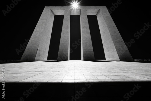 Modern Architectural Structure with Four Pillars and a Sunlit Sky photo