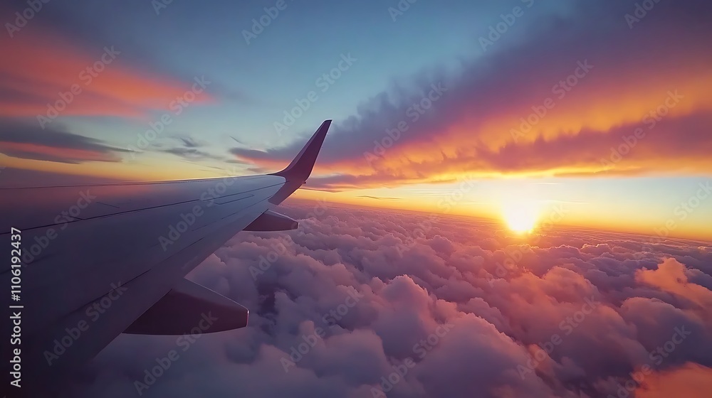 Obraz premium Airplane Wing Sunset Cloudscape Above The World