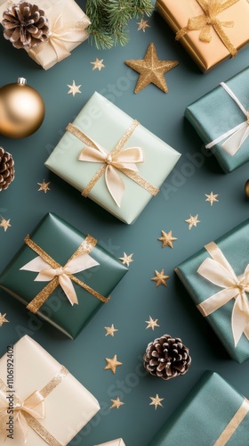 Gift wrapping arrangement with festive decorations for winter celebrations