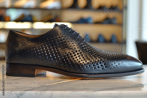 Perforated Black Leather Oxford Shoe on Marble Surface