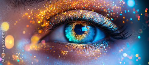 Close up of a womans eye with futuristic glowing digital data,  cybersecurity, symbolizing advanced technology and human connection, abstract tech concept photo