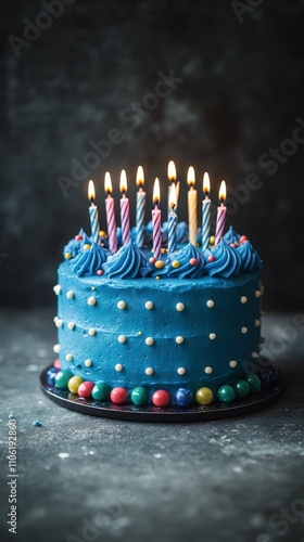 Delicious blue birthday cake with lit candles and colorful sprinkles during a...