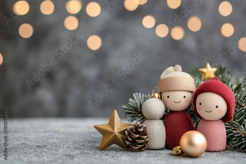 Festive wooden figures surrounded by holiday decorations in a cozy indoor set...