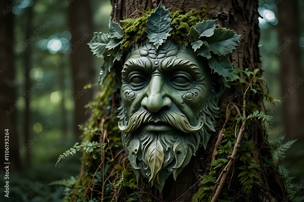 Obraz premium Green Man forest guardian as a symbol in paganism.