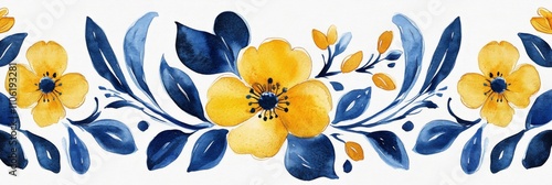Colorful floral pattern featuring blue and yellow flowers and green leaves on...