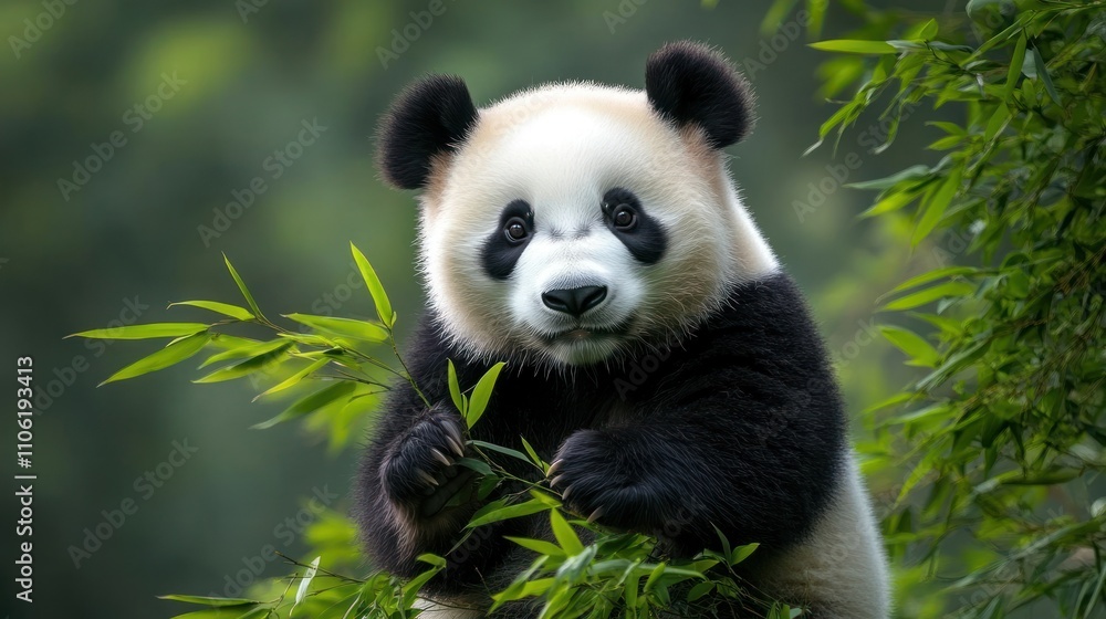 Fototapeta premium Adorable panda cub eating bamboo.