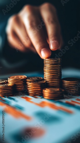 Coins stacked on a table as a person carefully adjusts the top for balance