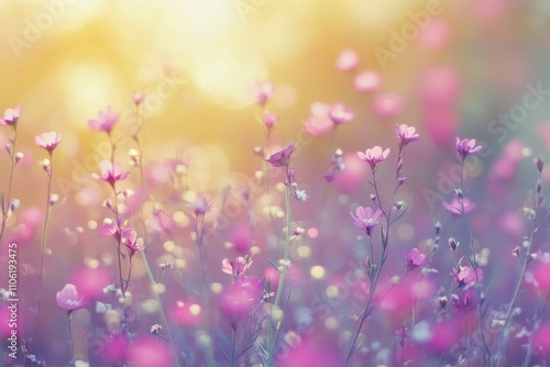 Lush wildflowers bloom in vibrant colors under the warm glow of the setting sun