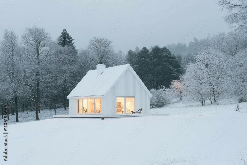 Modern White Cabin Nestled In A Snowy Winter Forest Modern White Cabin Nestled In A Snowy Winter Forest