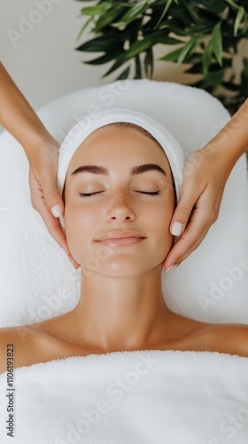 Woman enjoying a relaxing facial treatment in a serene spa setting during the...