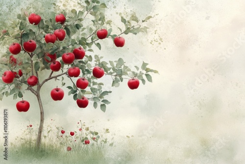 Bright red apples hanging on a tree branch in a lush orchard during late summer