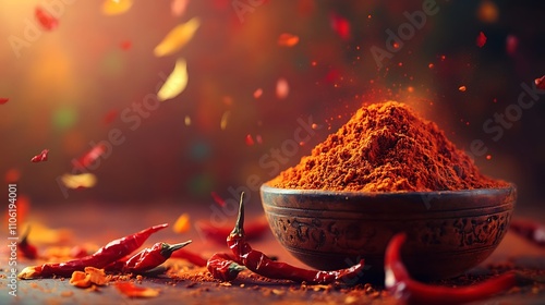 Chili powder in wooden bowl on a dark background. Selective focus.