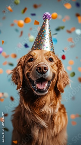 Golden retriever with a party hat celebrating with colorful confetti in the b...