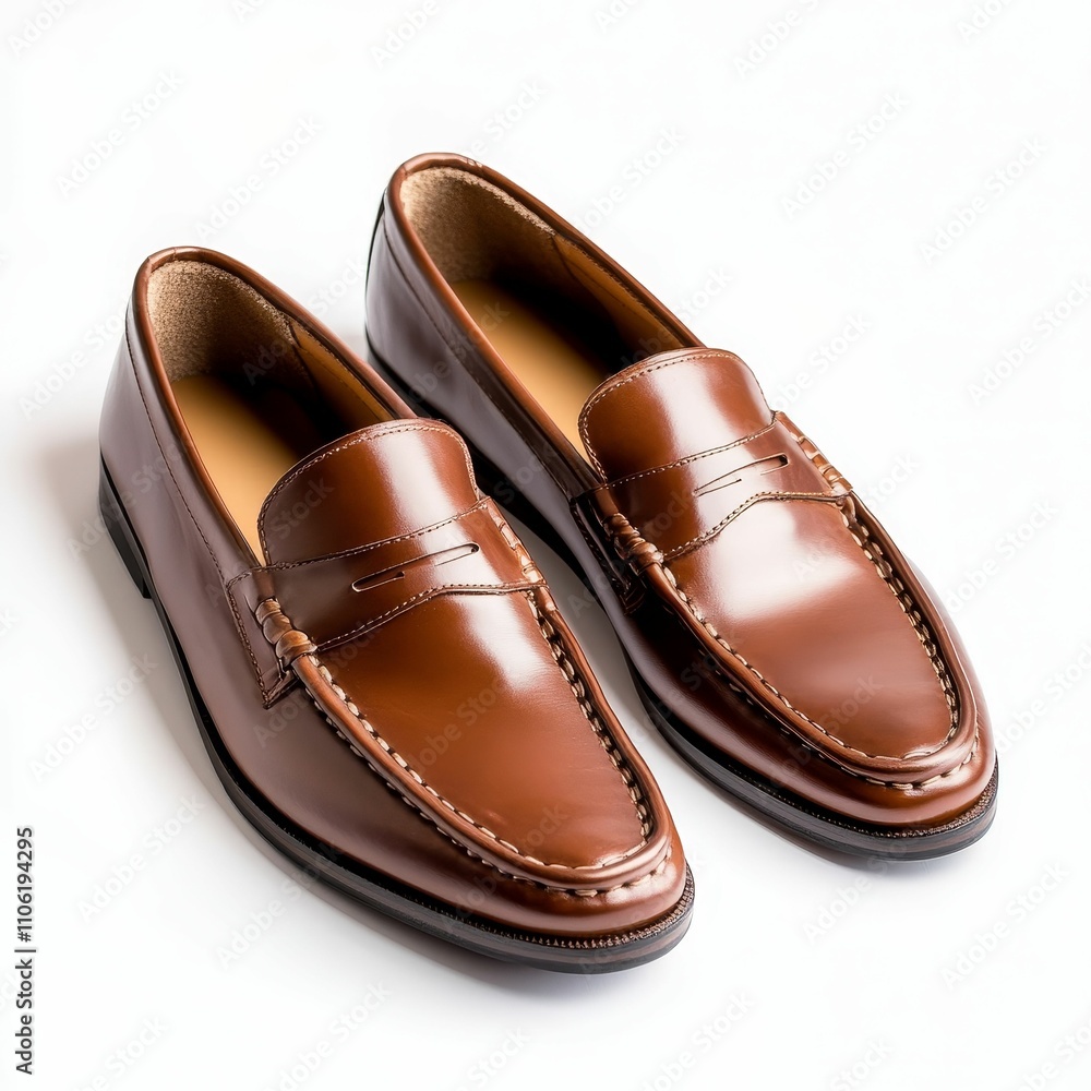 Brown leather loafers, polished, on white background. Brown leather loafers, polished, on white background.