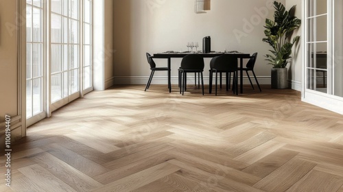Modern dining area with wooden herringbone floor and elegant decor in bright ...