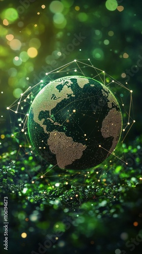 Global connectivity illustrated through a vibrant green digital globe represe...